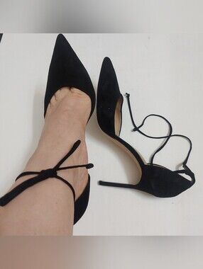 Manolo Blahnik Black Suede Pointed Toe Ankle-Tie Stiletto Heels